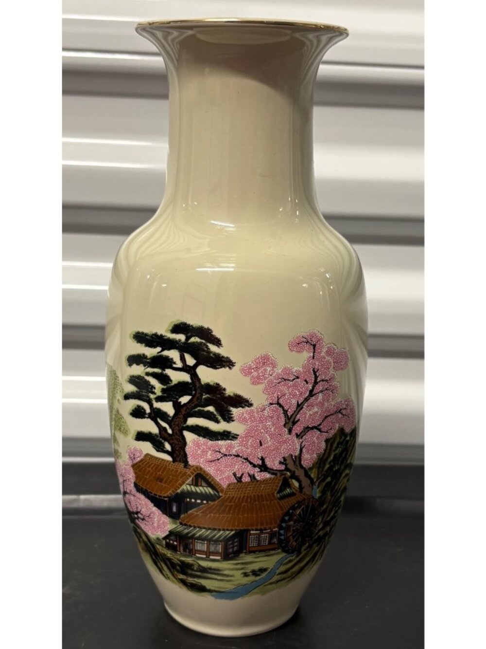 Vintage Japanese Ceramic Vase Hand-Painted Cherry Blossom Gold Rim 10".5 Signed